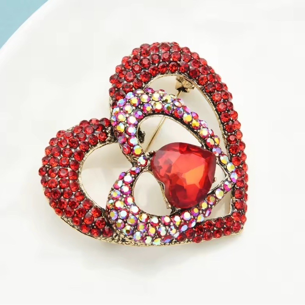 Ruby Red Heart Gold Brooch